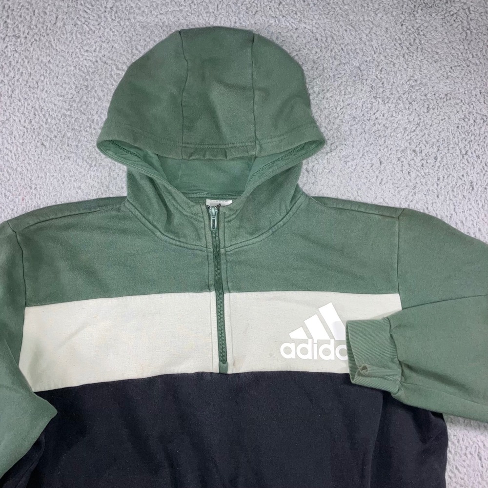 Adidas Hoodie Men L Green Black White Colorblock Quarter Zip‎ Fleece Sweatshirt